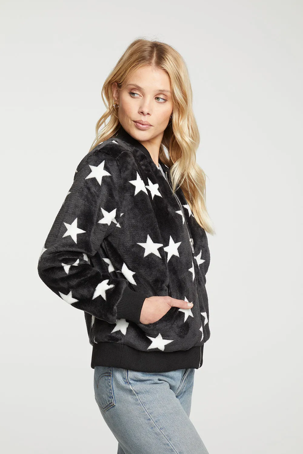 Star Faux Fur Long Sleeve Bomber Jacket