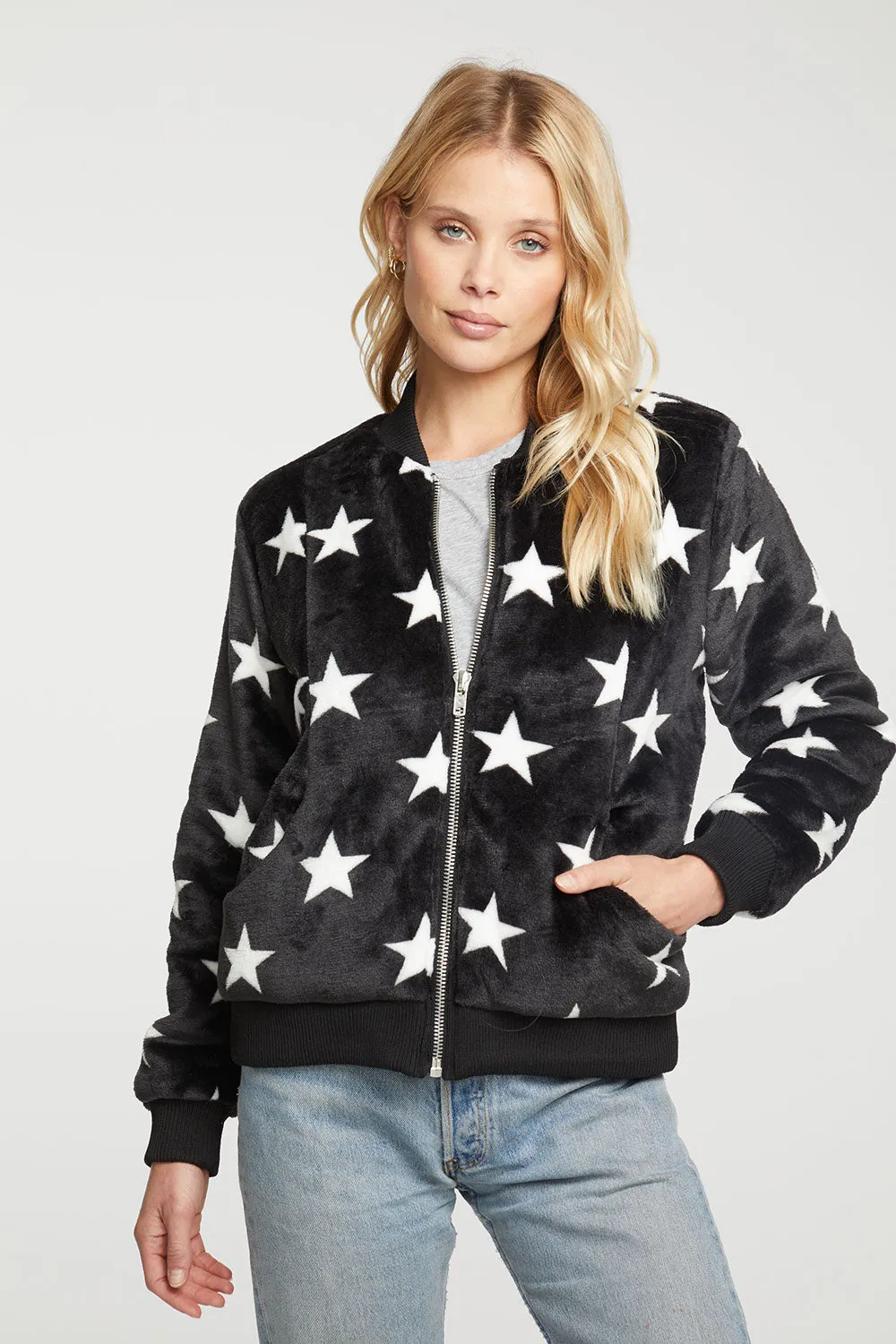 Star Faux Fur Long Sleeve Bomber Jacket