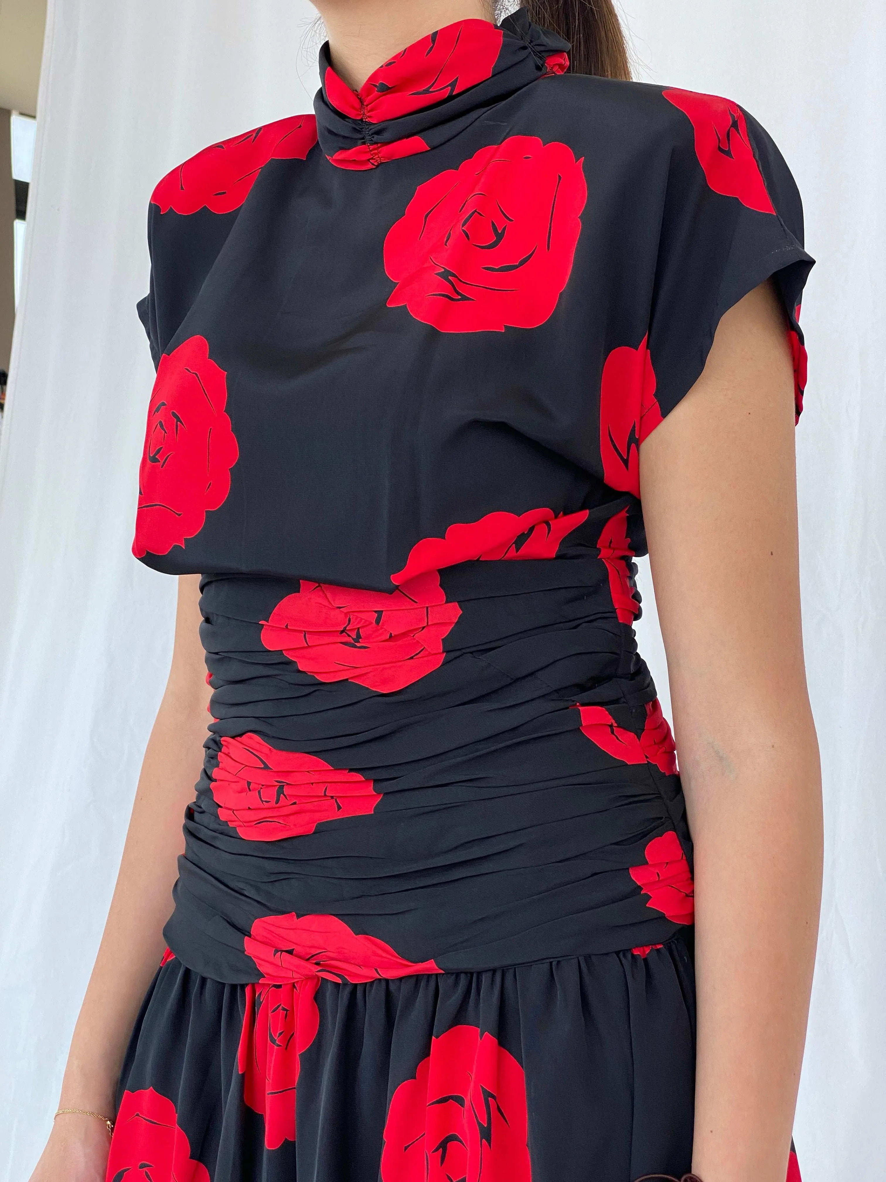 Stunning Vintage 80s Handmade Black Rose Print Midi Party Dress Size M