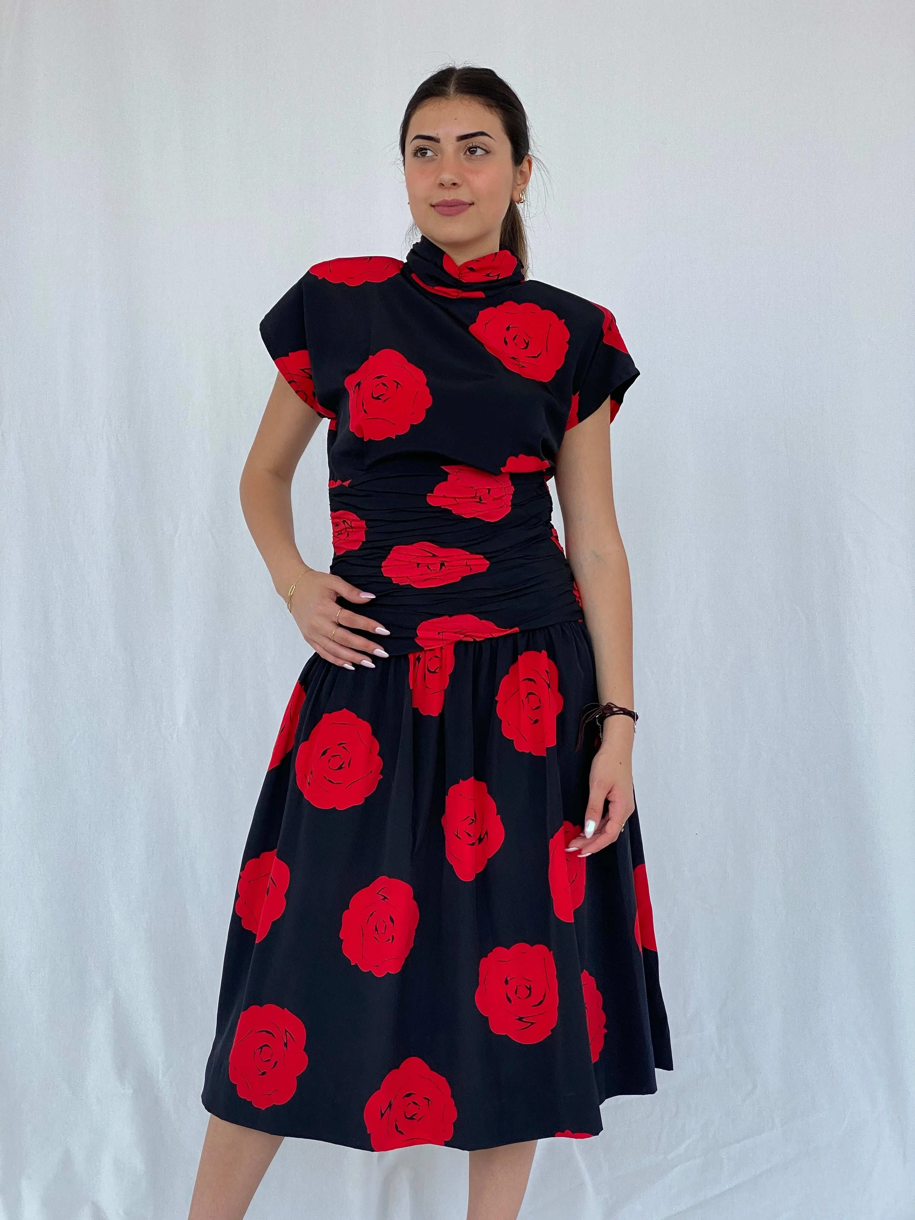 Stunning Vintage 80s Handmade Black Rose Print Midi Party Dress Size M