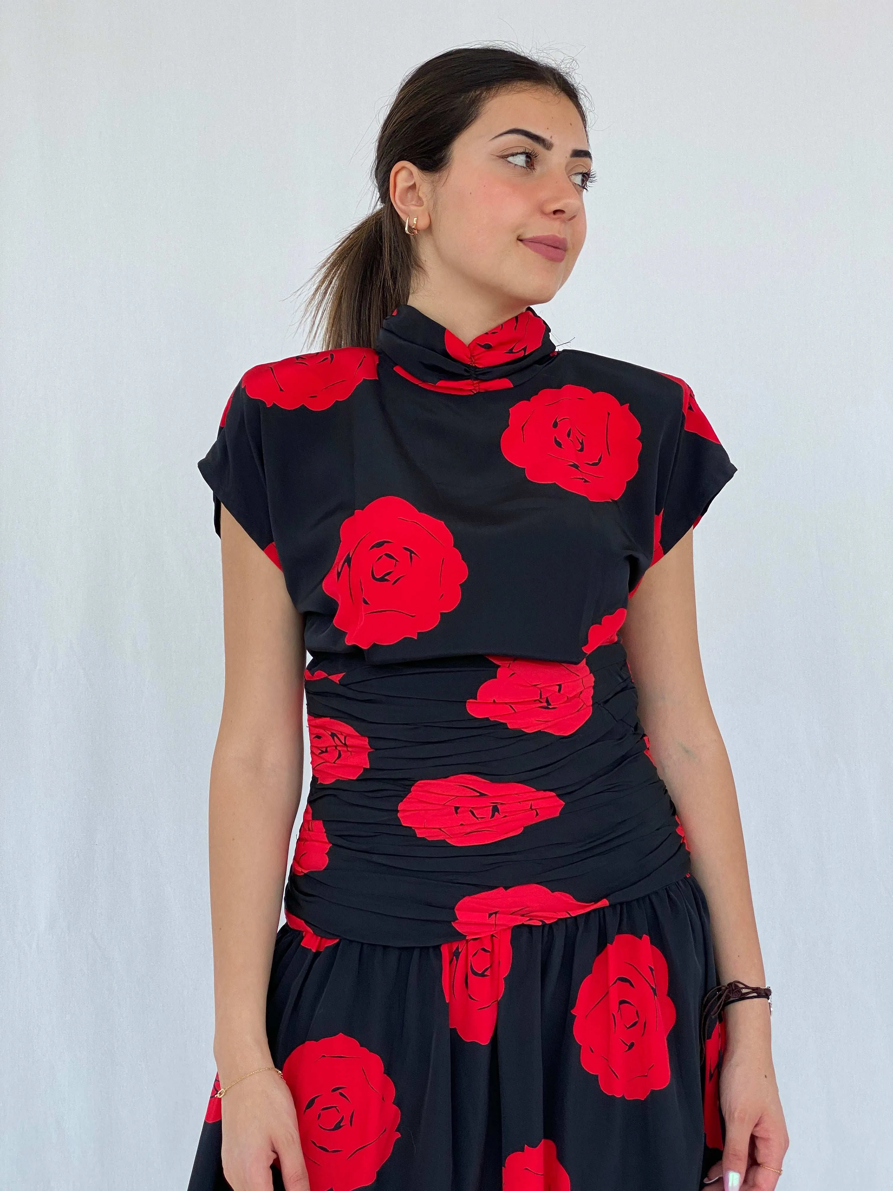 Stunning Vintage 80s Handmade Black Rose Print Midi Party Dress Size M