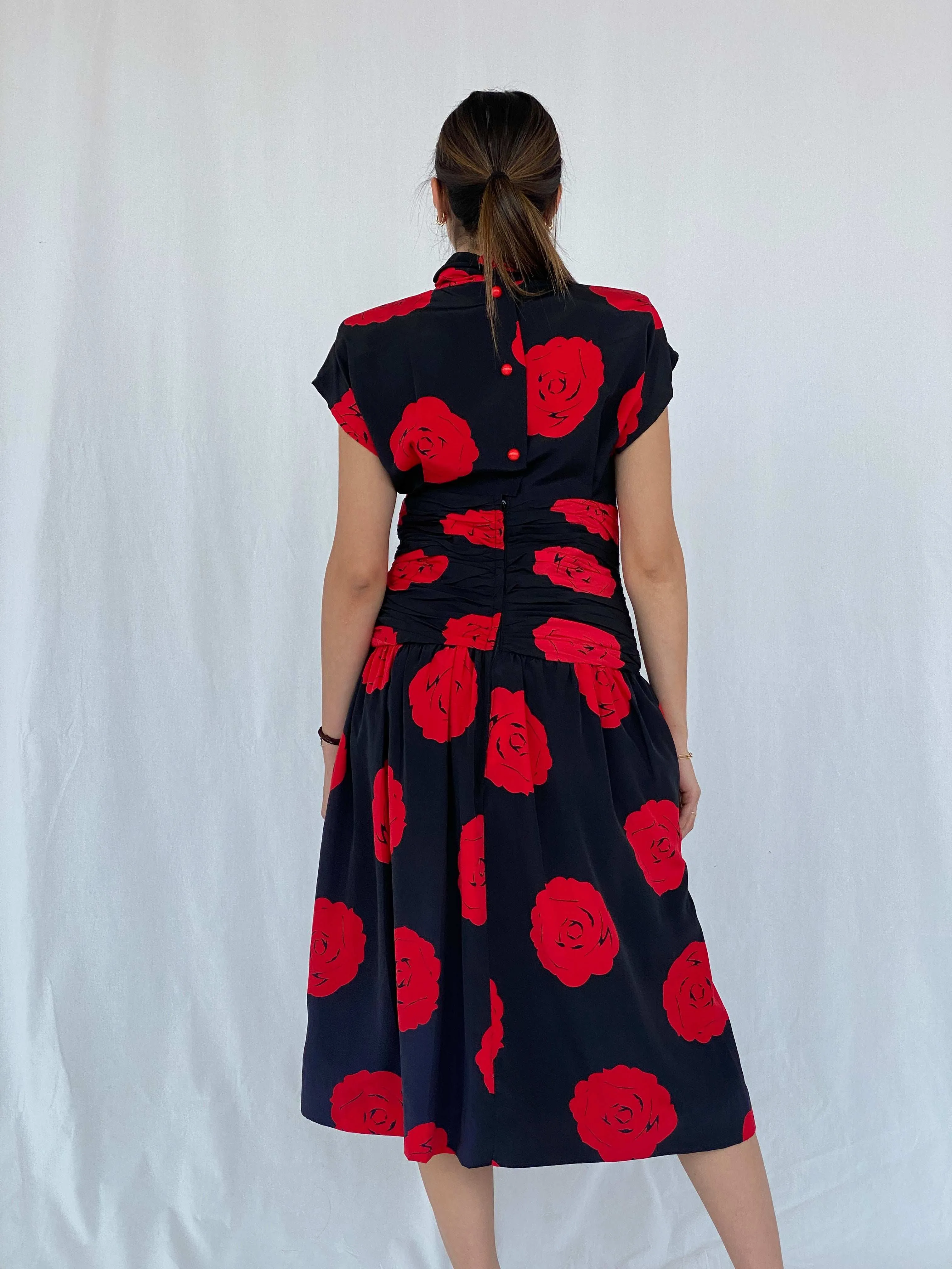 Stunning Vintage 80s Handmade Black Rose Print Midi Party Dress Size M