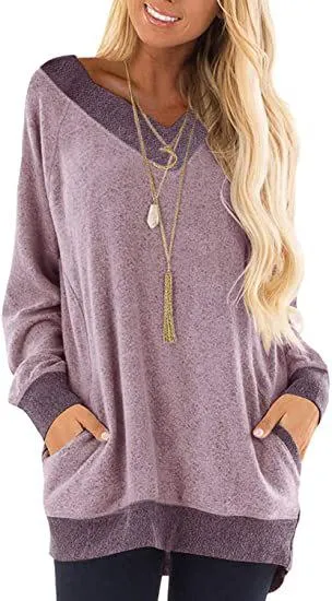 V-neck contrast pocket sweatshirt long-sleeved pullover sweatshirt casual T-shirt