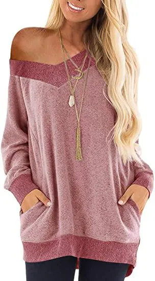 V-neck contrast pocket sweatshirt long-sleeved pullover sweatshirt casual T-shirt