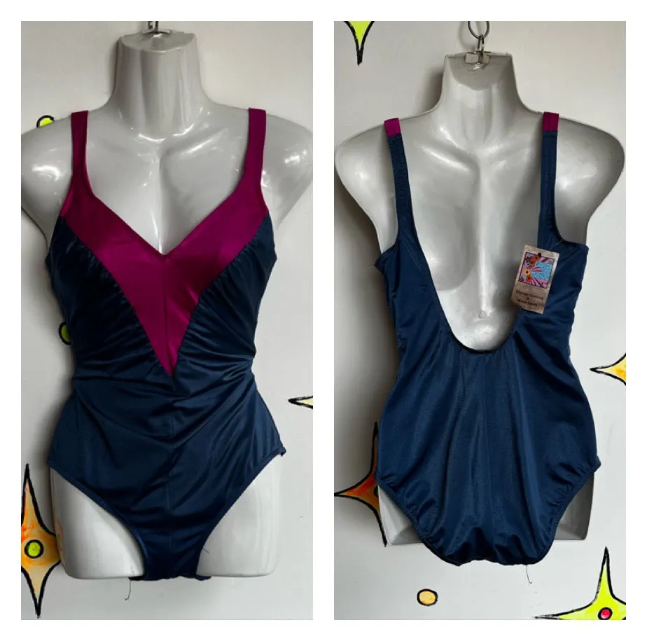 Vintage 70s 80s | Blue Pink Striped One Piece Swimsuit Bodysuit | M