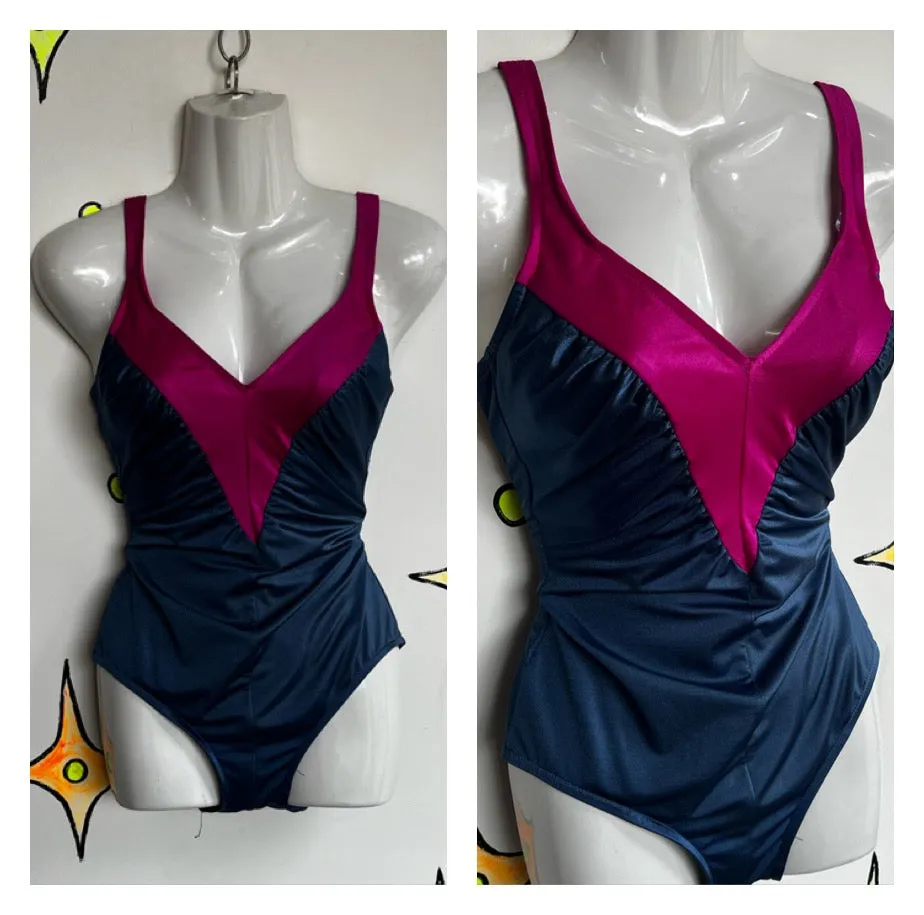 Vintage 70s 80s | Blue Pink Striped One Piece Swimsuit Bodysuit | M