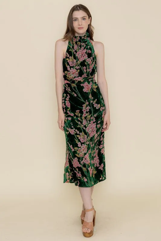 Waitlist 11/27 ♥ Kayla Sleeveless Mock Neck Velvet Floral Print Midi Dress Green