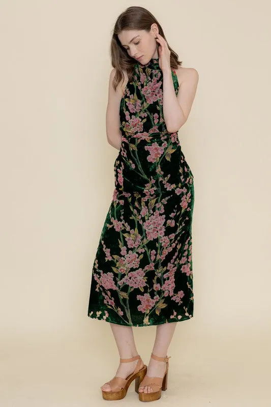 Waitlist 11/27 ♥ Kayla Sleeveless Mock Neck Velvet Floral Print Midi Dress Green