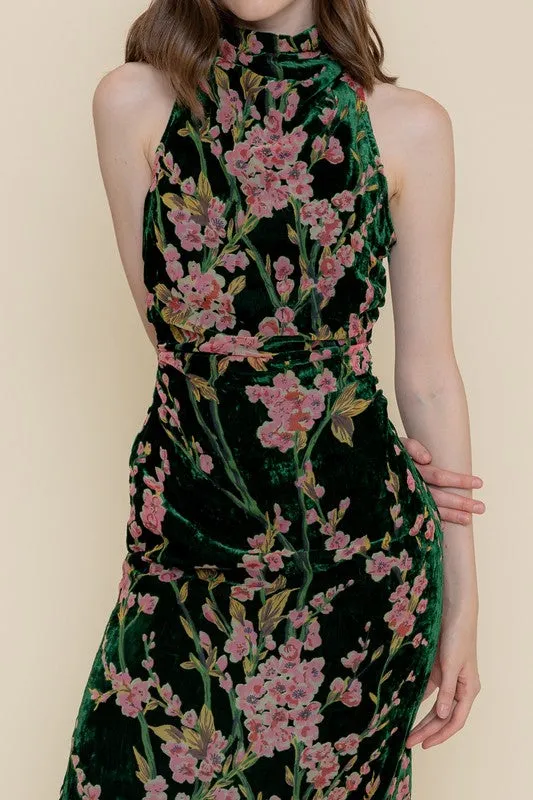 Waitlist 11/27 ♥ Kayla Sleeveless Mock Neck Velvet Floral Print Midi Dress Green