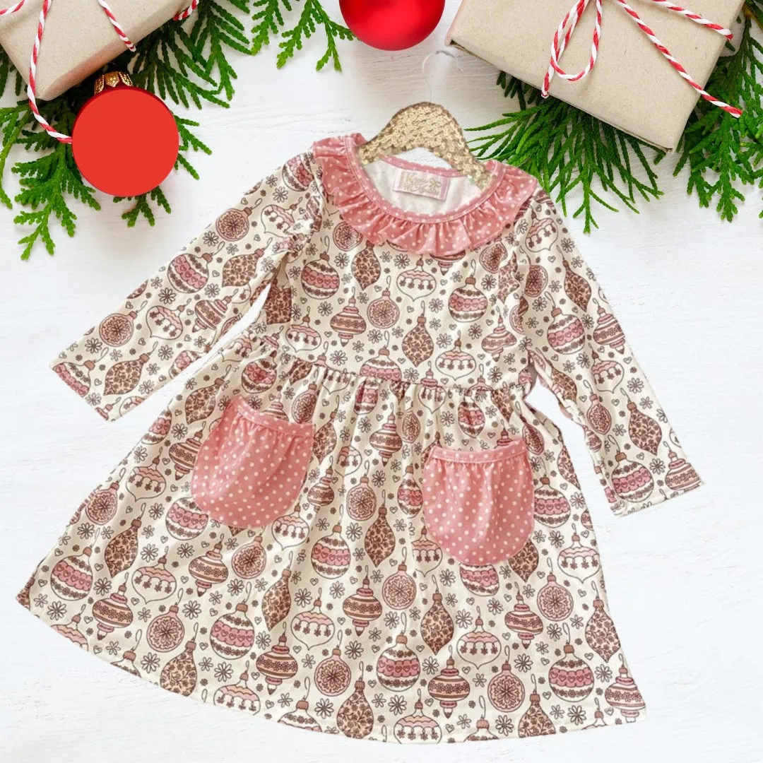 Winter Fun Girls Twirl Dresses - Dusty Pink Christmas Balls