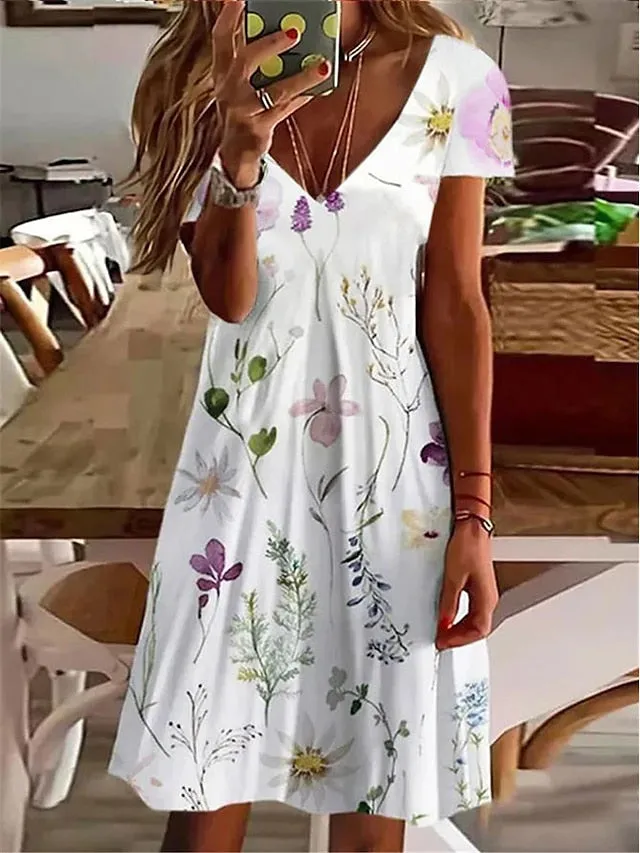 Women's Casual Dress Summer Dress Print Dress Floral Print V Neck Mini Dress Active Fashion Outdoor Daily Short Sleeve Regular Fit Yellow Purple Gray Summer Spring S M L XL XXL