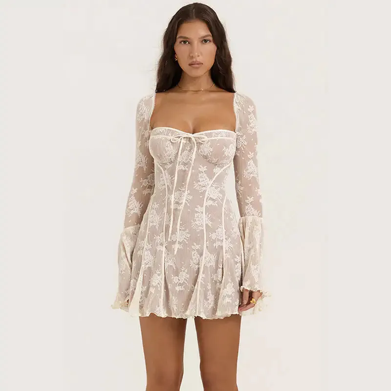 Women’s Lace Bell Sleeve Mini Dress - Vintage Elegance Meets Modern Style