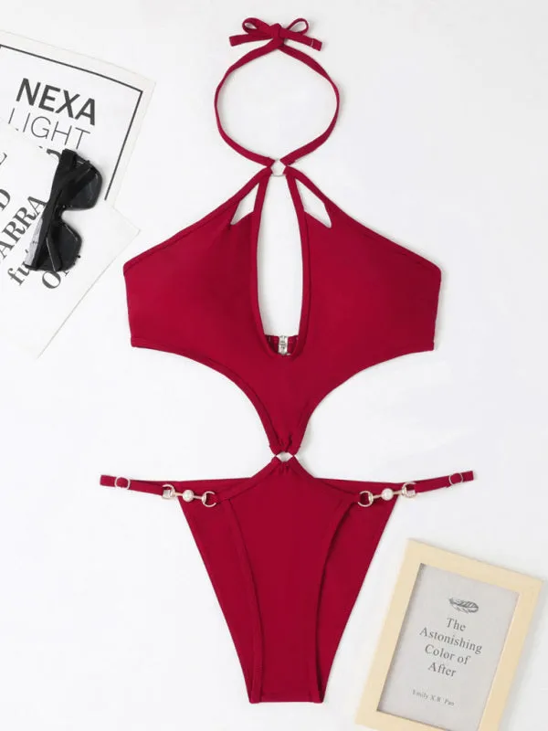 Women's Solid Color Cut-out Pearl Chain Halter One-piece Bikini Swimwear Sets