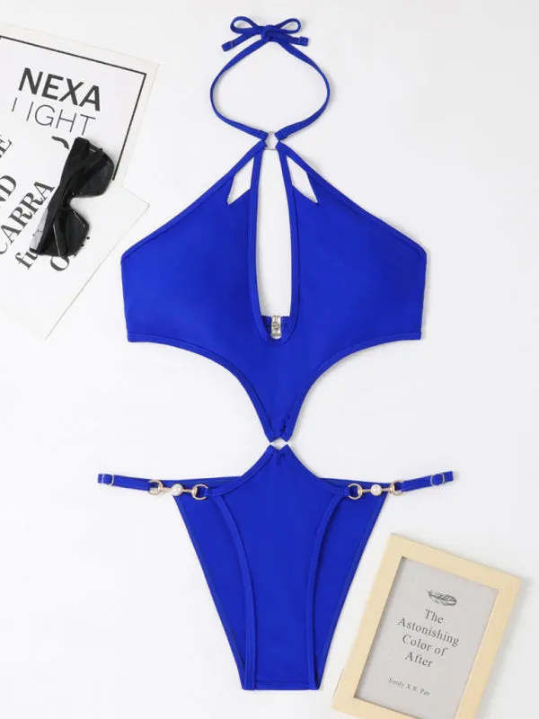 Women's Solid Color Cut-out Pearl Chain Halter One-piece Bikini Swimwear Sets