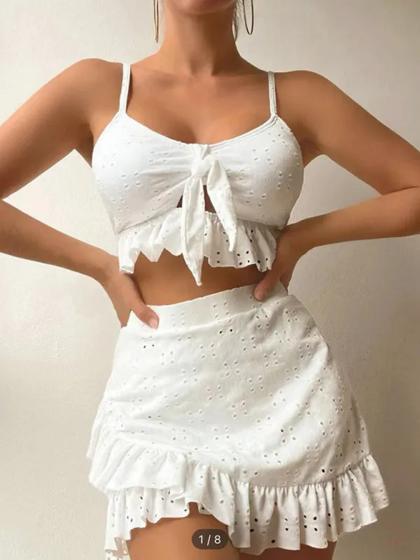 Women's Solid Color Eyelet Tie Front Ruffle Crop Tank With Matching Ruffle Hem Mini Skirt