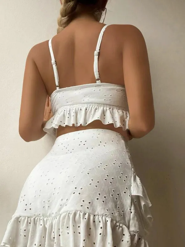 Women's Solid Color Eyelet Tie Front Ruffle Crop Tank With Matching Ruffle Hem Mini Skirt