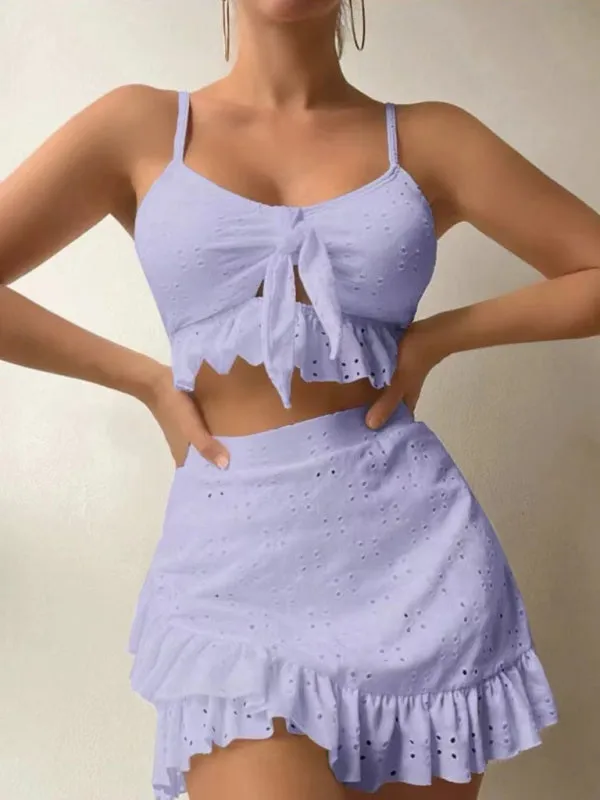 Women's Solid Color Eyelet Tie Front Ruffle Crop Tank With Matching Ruffle Hem Mini Skirt