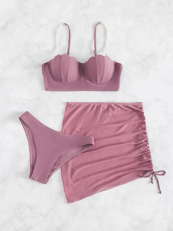 Women's solid color shell shape bikini three-piece sets